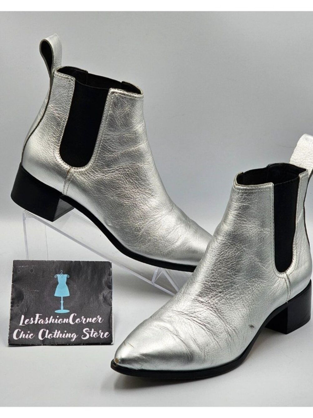 Loeffler Randall Women Metallic Silver Nellie Chelsea Pointed Booties Sz10 2971 - Picture 15 of 16
